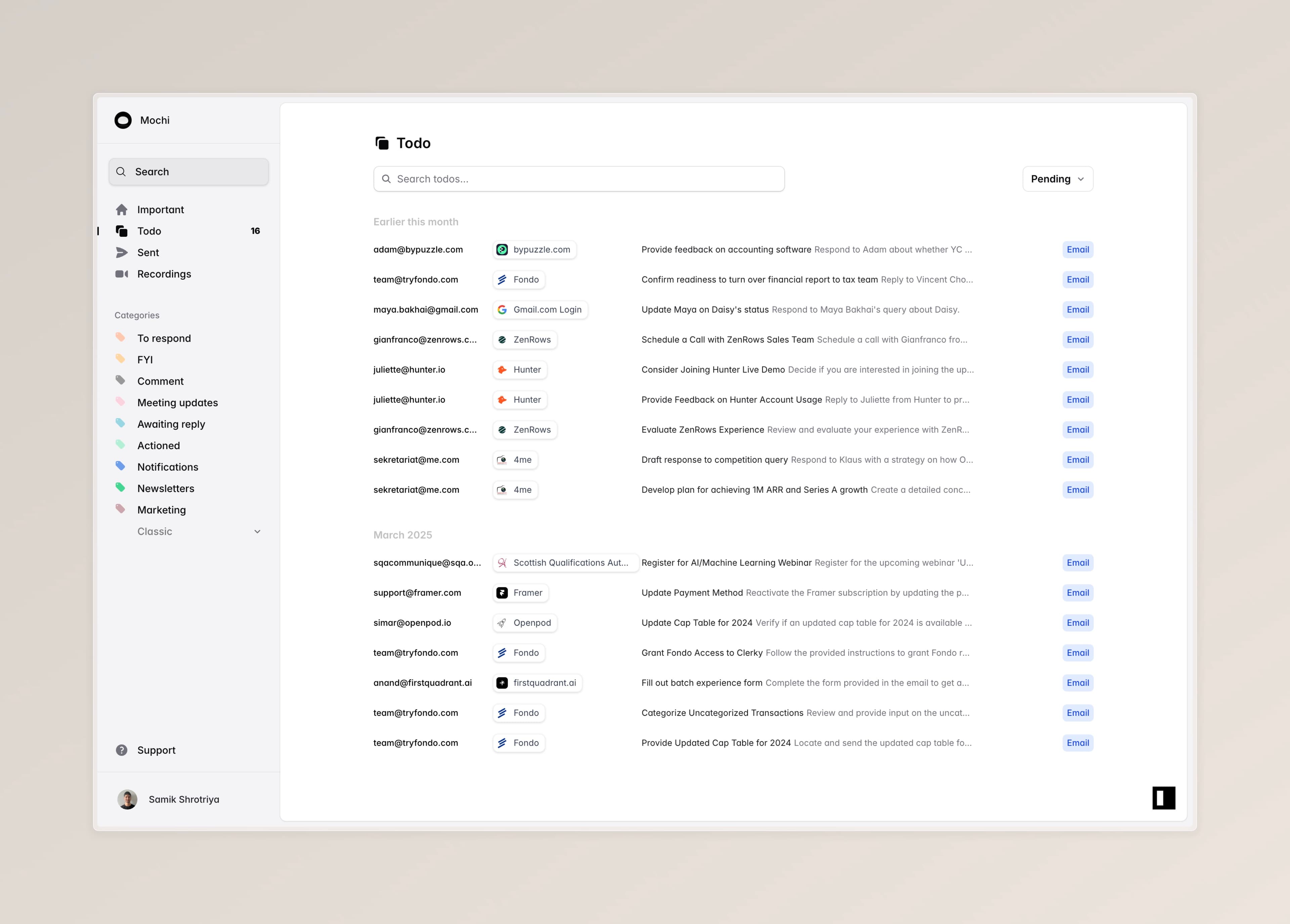 Mochi AI email assistant interface showing todo list
